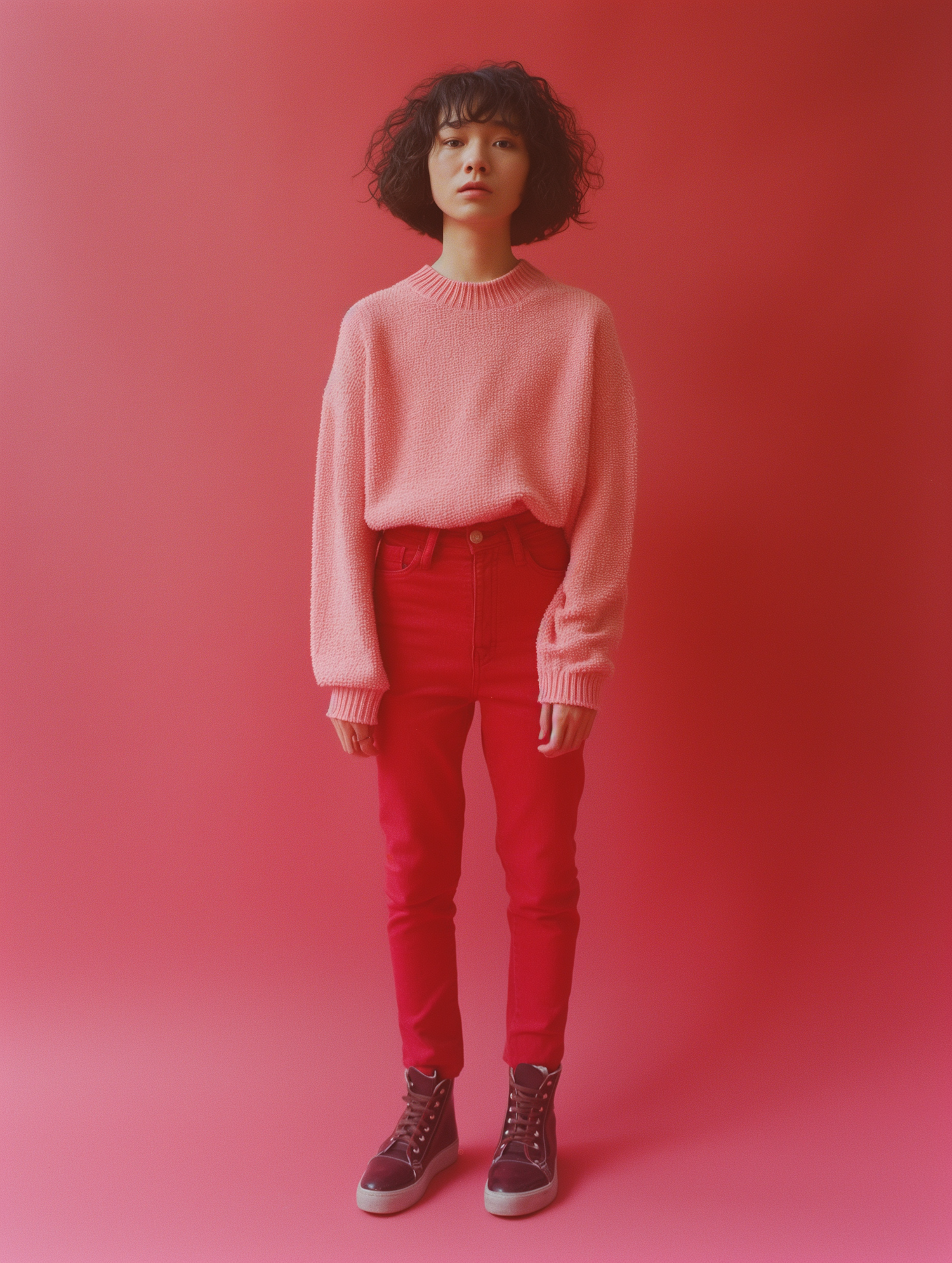 Contemplative Individual in Pink and Red Attire