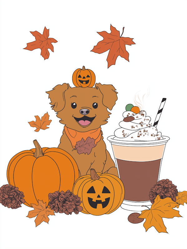 Autumn-themed Cartoon Dog with Halloween Elements