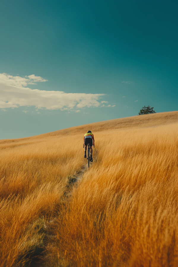 Lone Cyclist in Golden Field