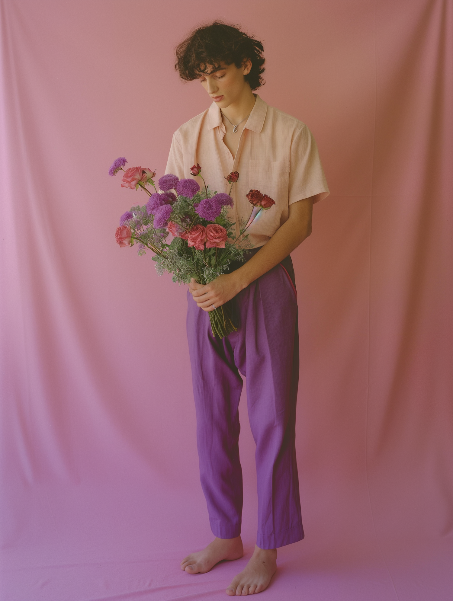 Person with Bouquet Against Pink Backdrop