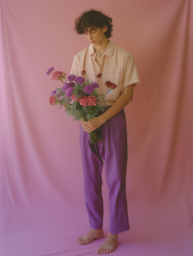 Person with Bouquet Against Pink Backdrop