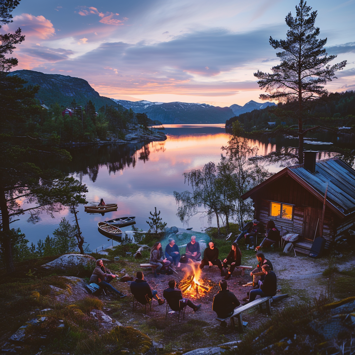 Twilight Campfire Gathering by the Lake