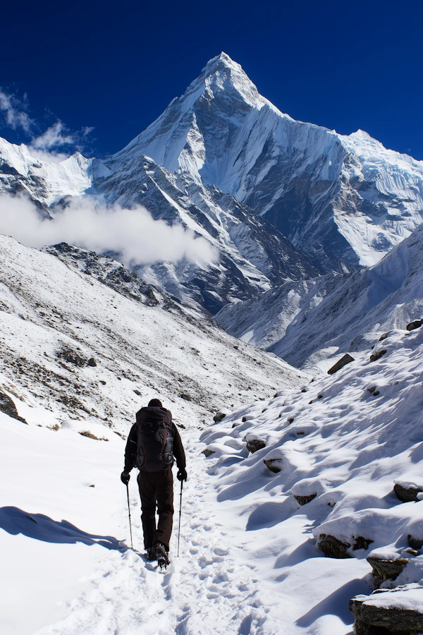 Solitary Hiker in Snowy Mountains