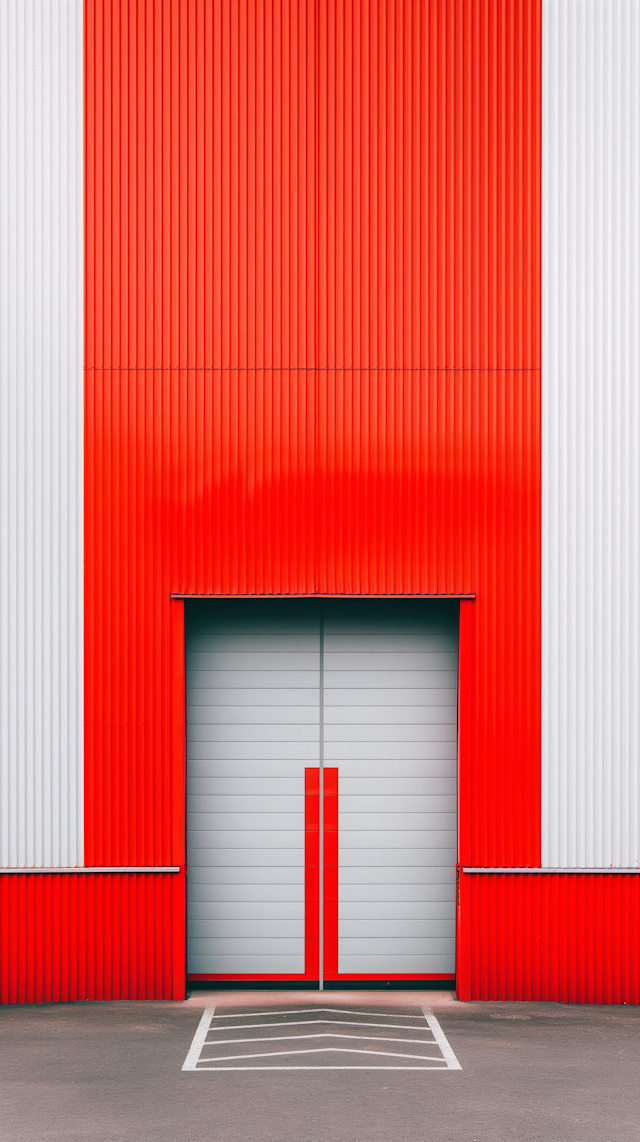 Red and White Corrugated Metal Facade with Central Industrial Door