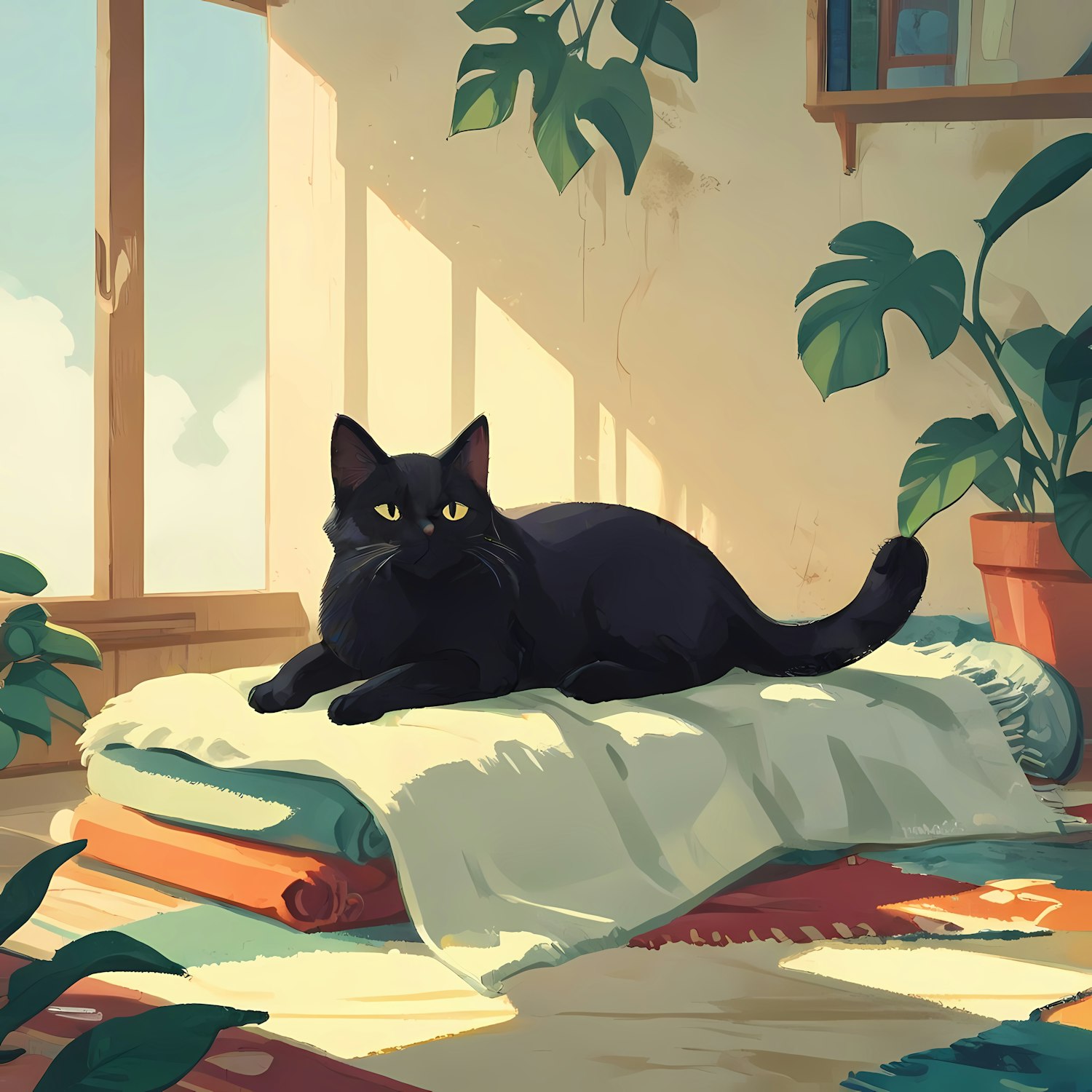 Serene Indoor Scene with Black Cat