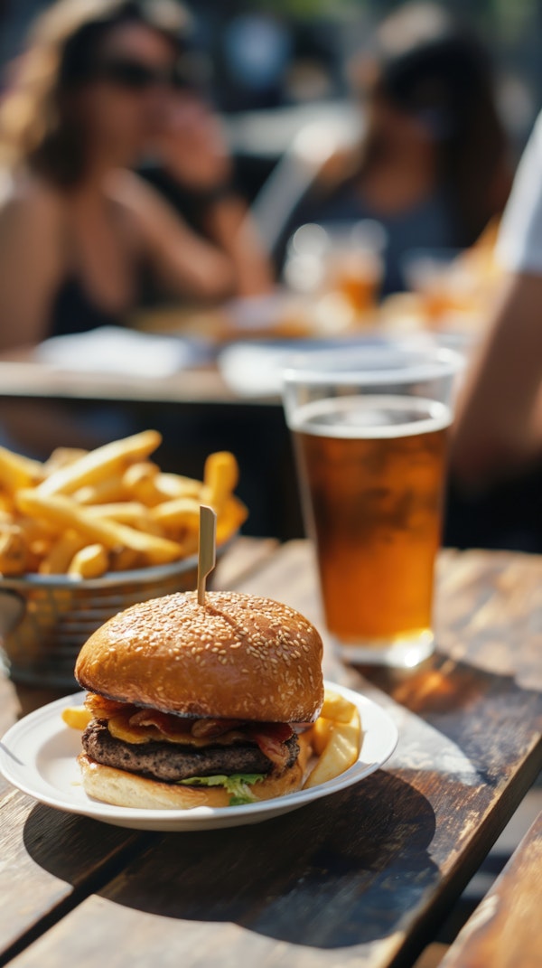 Casual Outdoor Dining with Burger and Beer