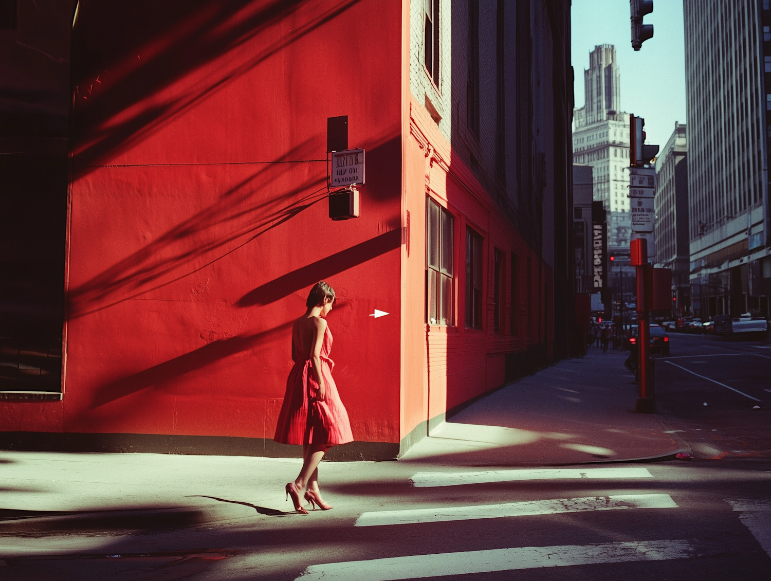 Woman in Red Dress on City Street