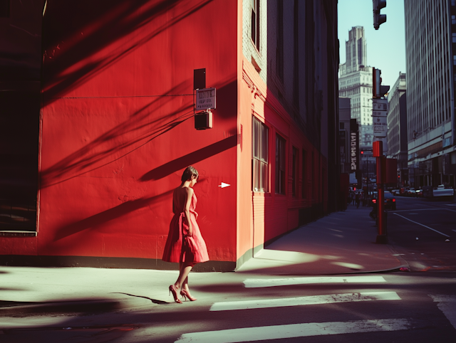 Woman in Red Dress on City Street