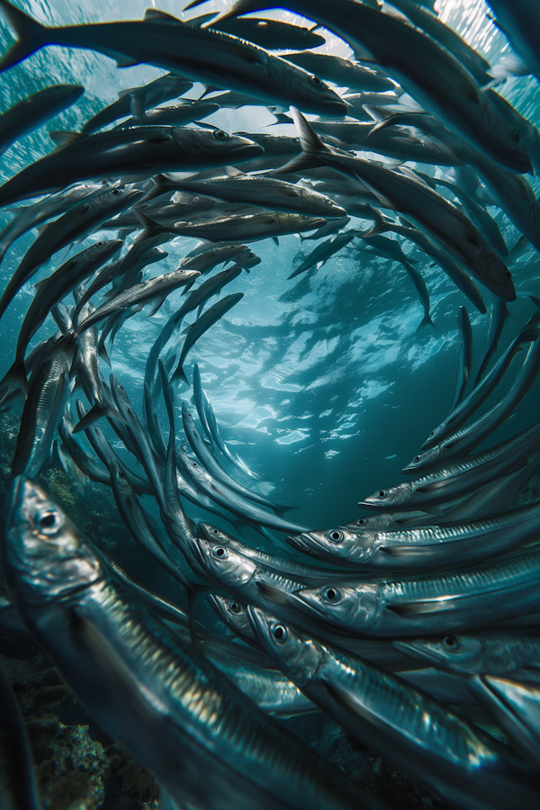 School of Silver Fish in Underwater Vortex