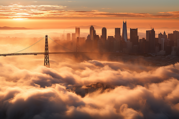 Fog-Enshrouded Sunrise over Cityscape with Bridge