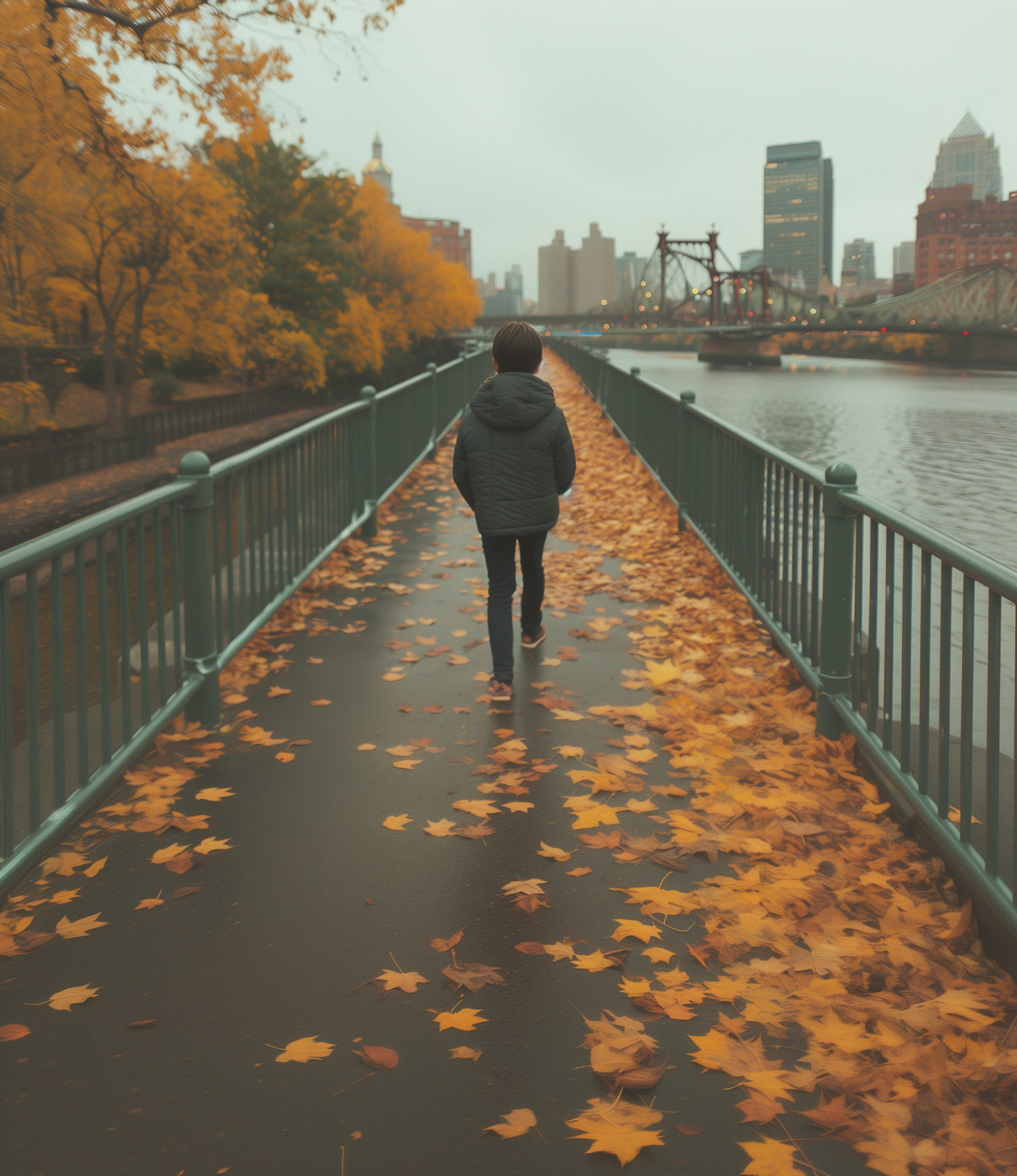 Lonely Child on Autumn Bridge