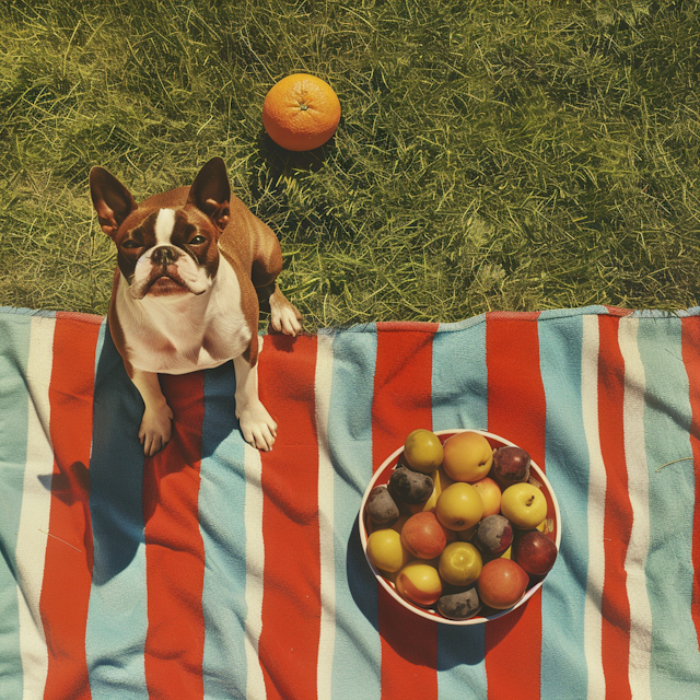 Boston Terrier on Striped Towel