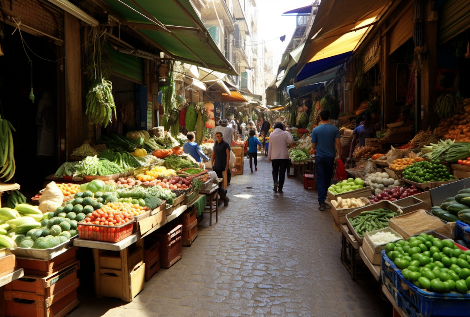 Sunlit Cobblestone Produce Market