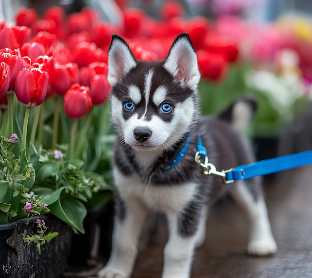 Husky Puppy Amidst Red Tulips