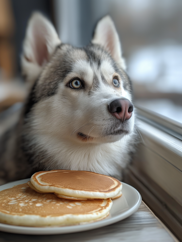 Curious Siberian Husky With Pancakes