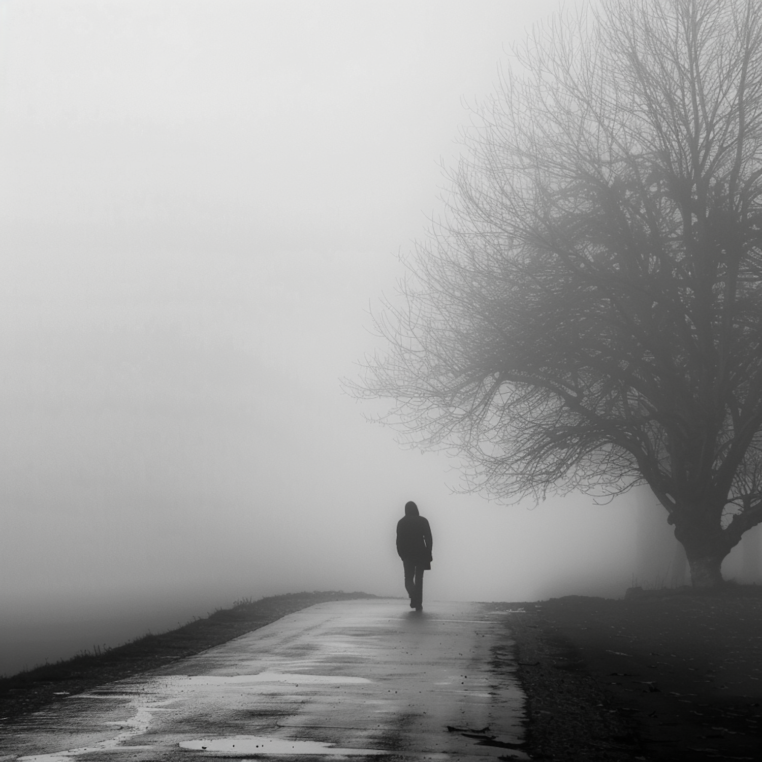 Solitary Figure in Foggy Path