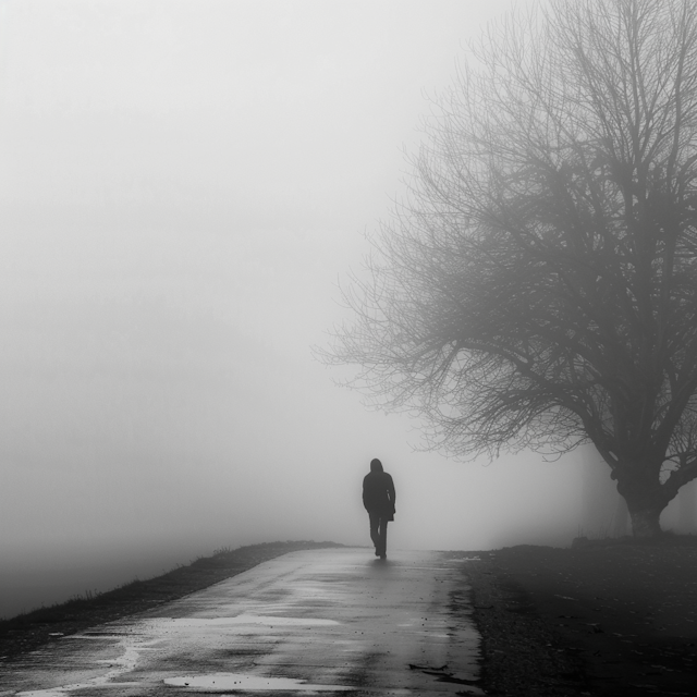 Solitary Figure in Foggy Path