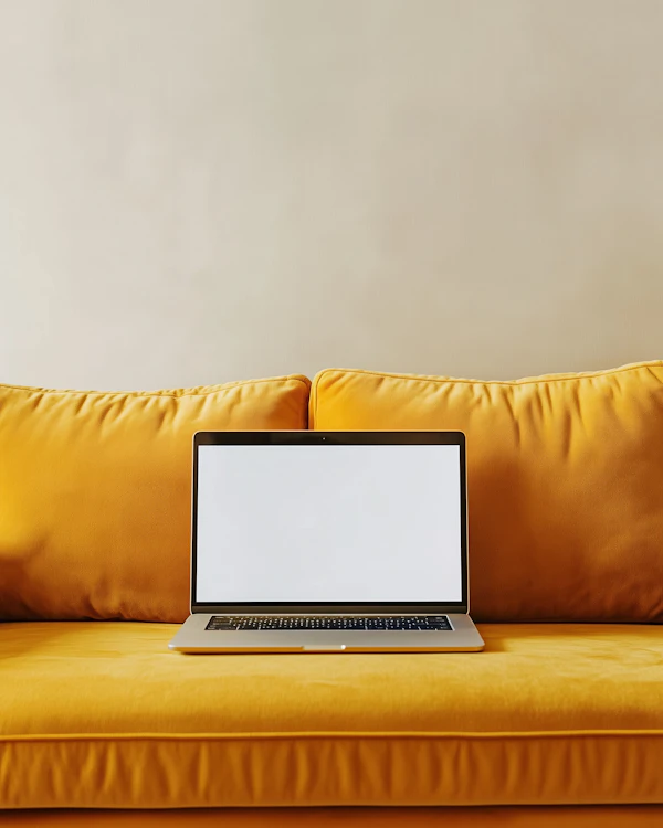 Laptop on Yellow Couch
