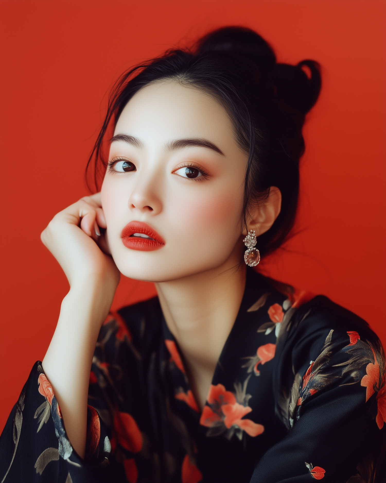 Elegant Woman Against Red Background