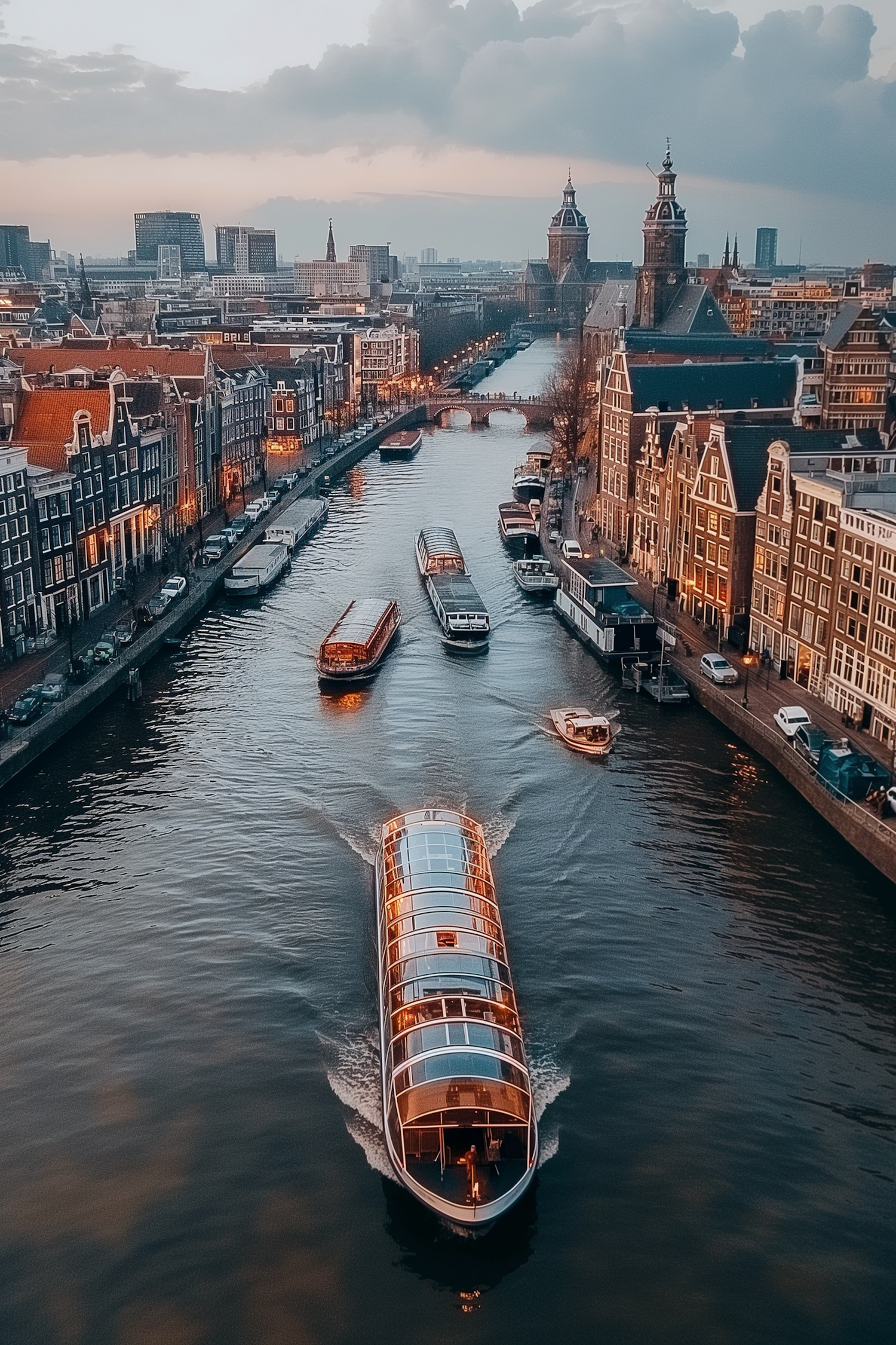 Evening Aerial View of European Canal with Cruise Boat