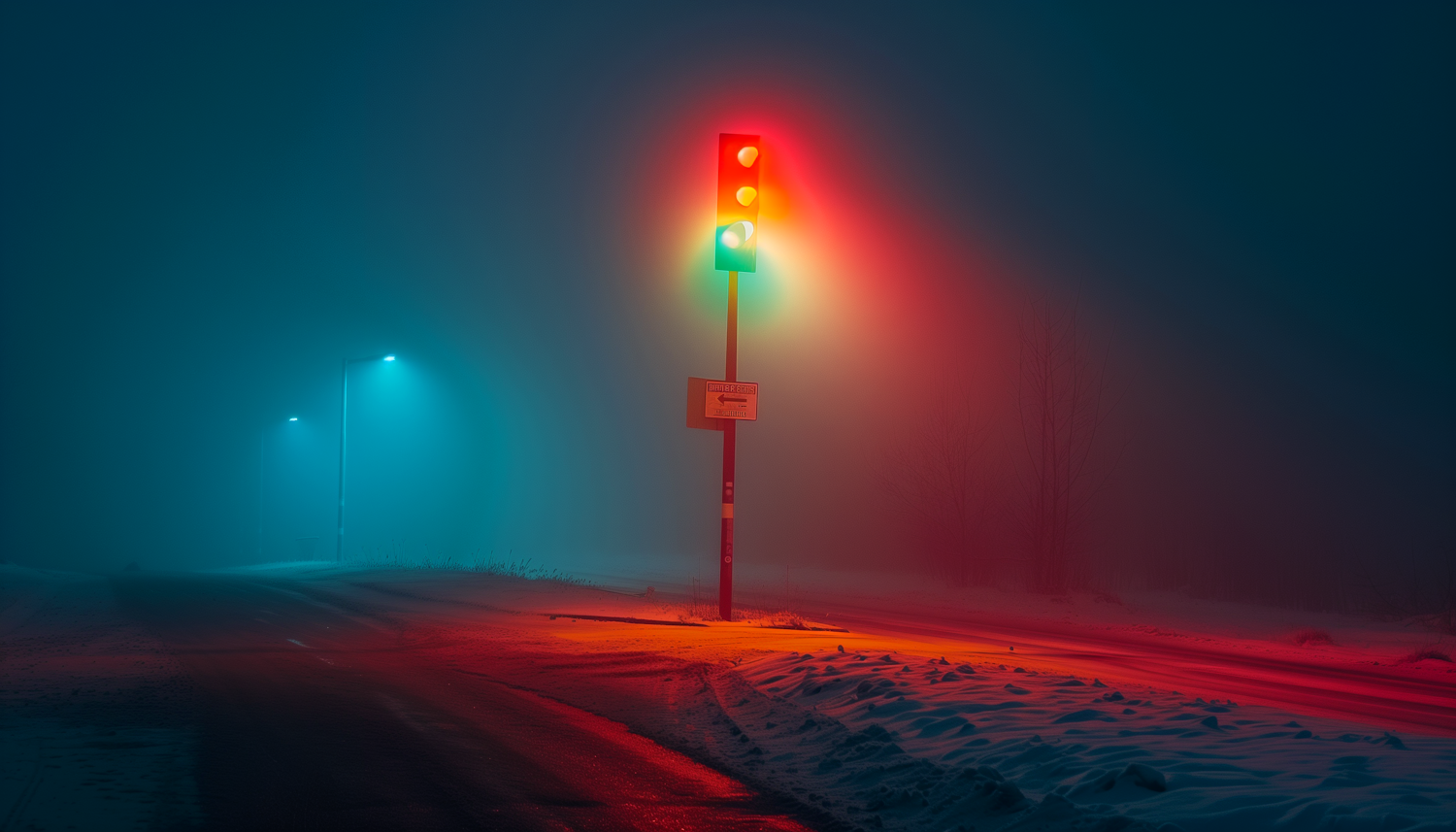 Surreal Snowy Night with Traffic Signal