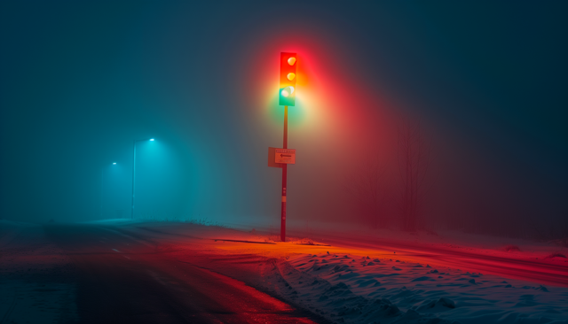 Surreal Snowy Night with Traffic Signal