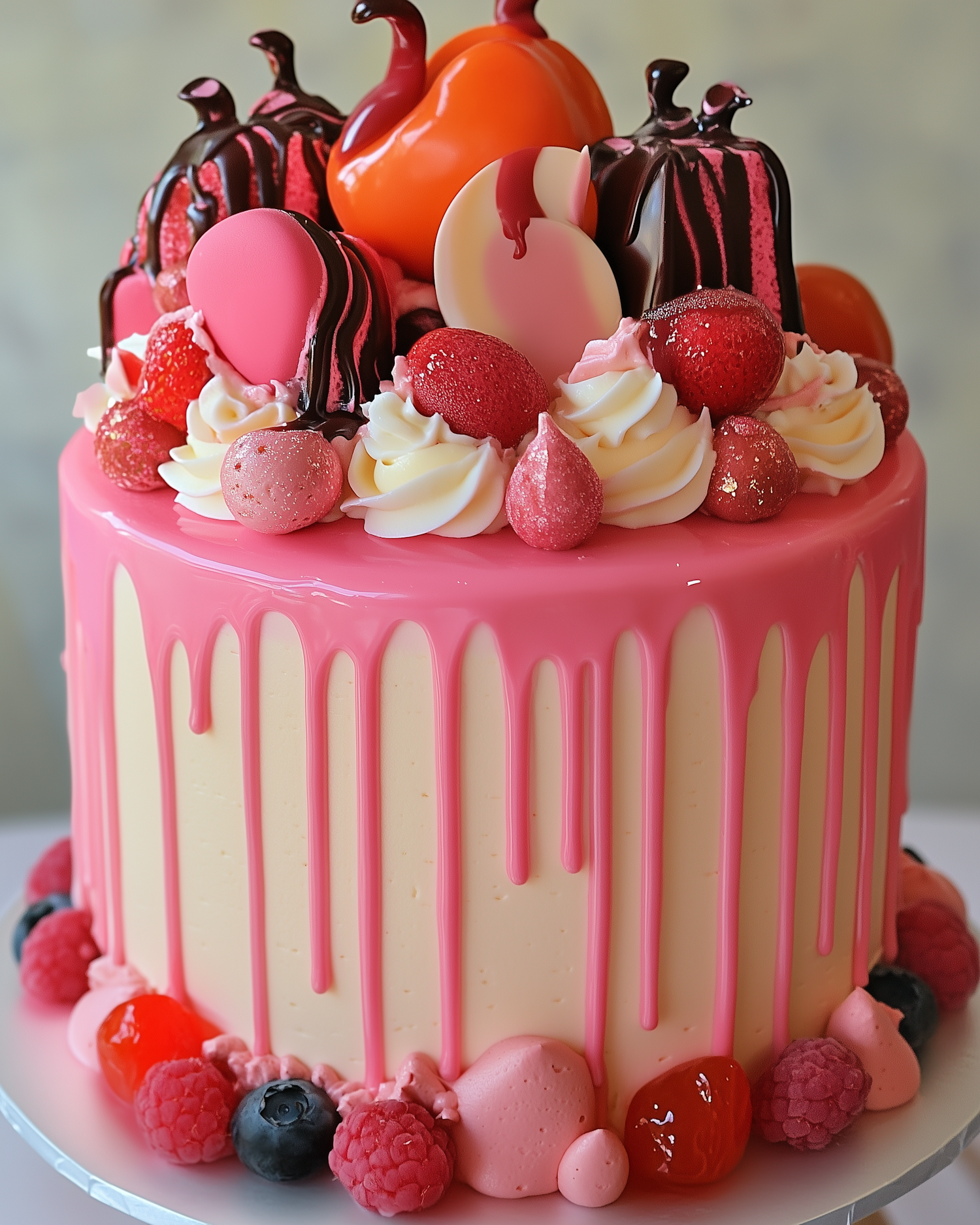 Decorated Cake with Pink Drip Glaze