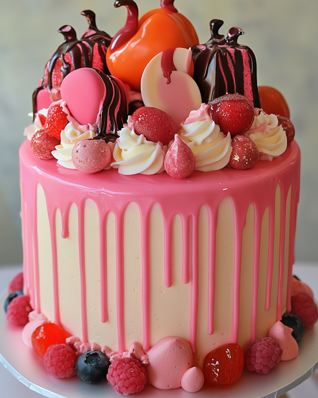 Decorated Cake with Pink Drip Glaze