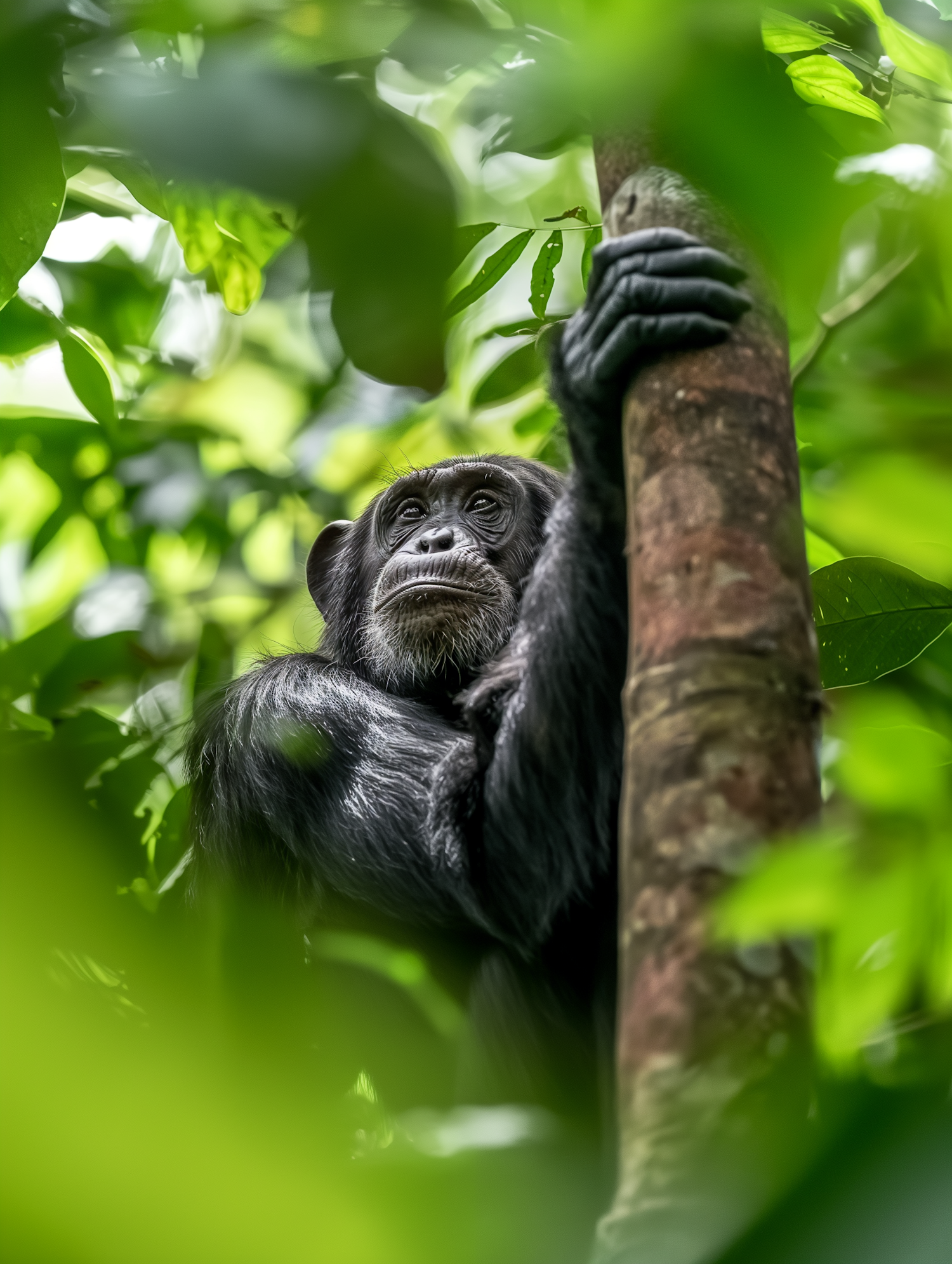 Thoughtful Chimpanzee in Forest