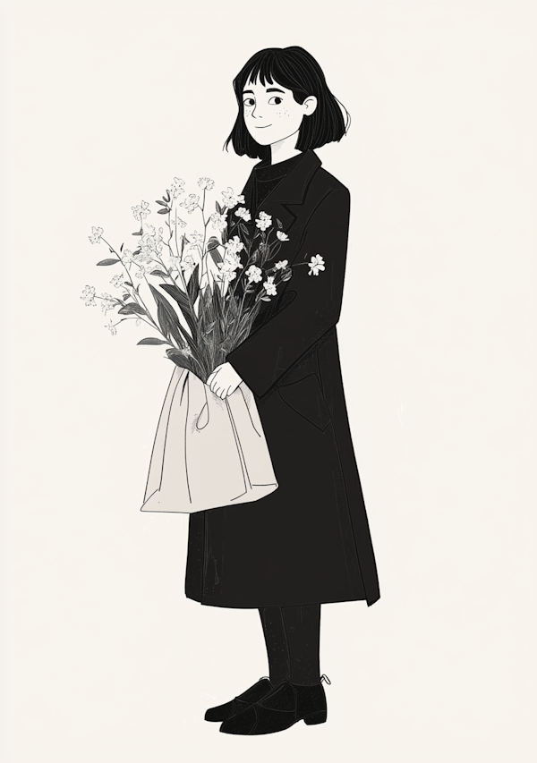 Minimalist Illustration of Woman with Bouquet