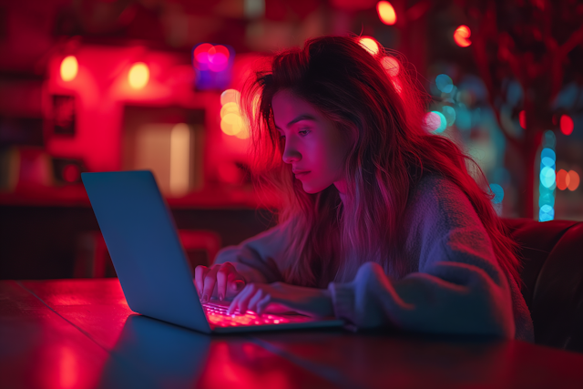 Woman Working on Laptop in Neon-lit Space