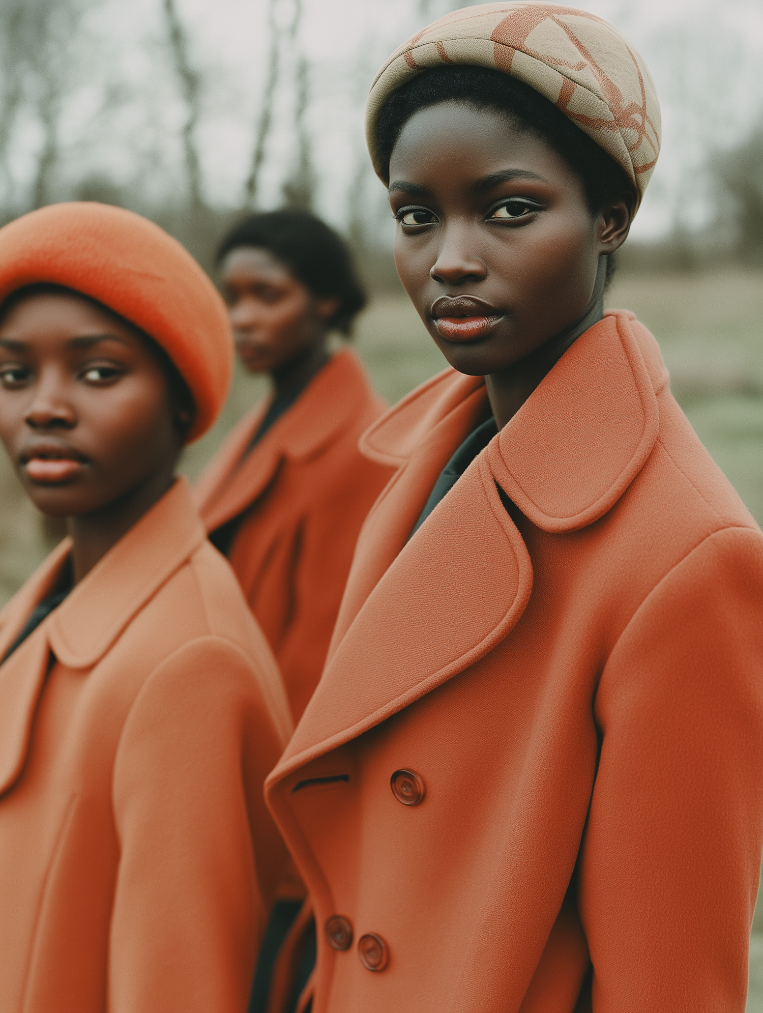 Three Women in Orange Coats