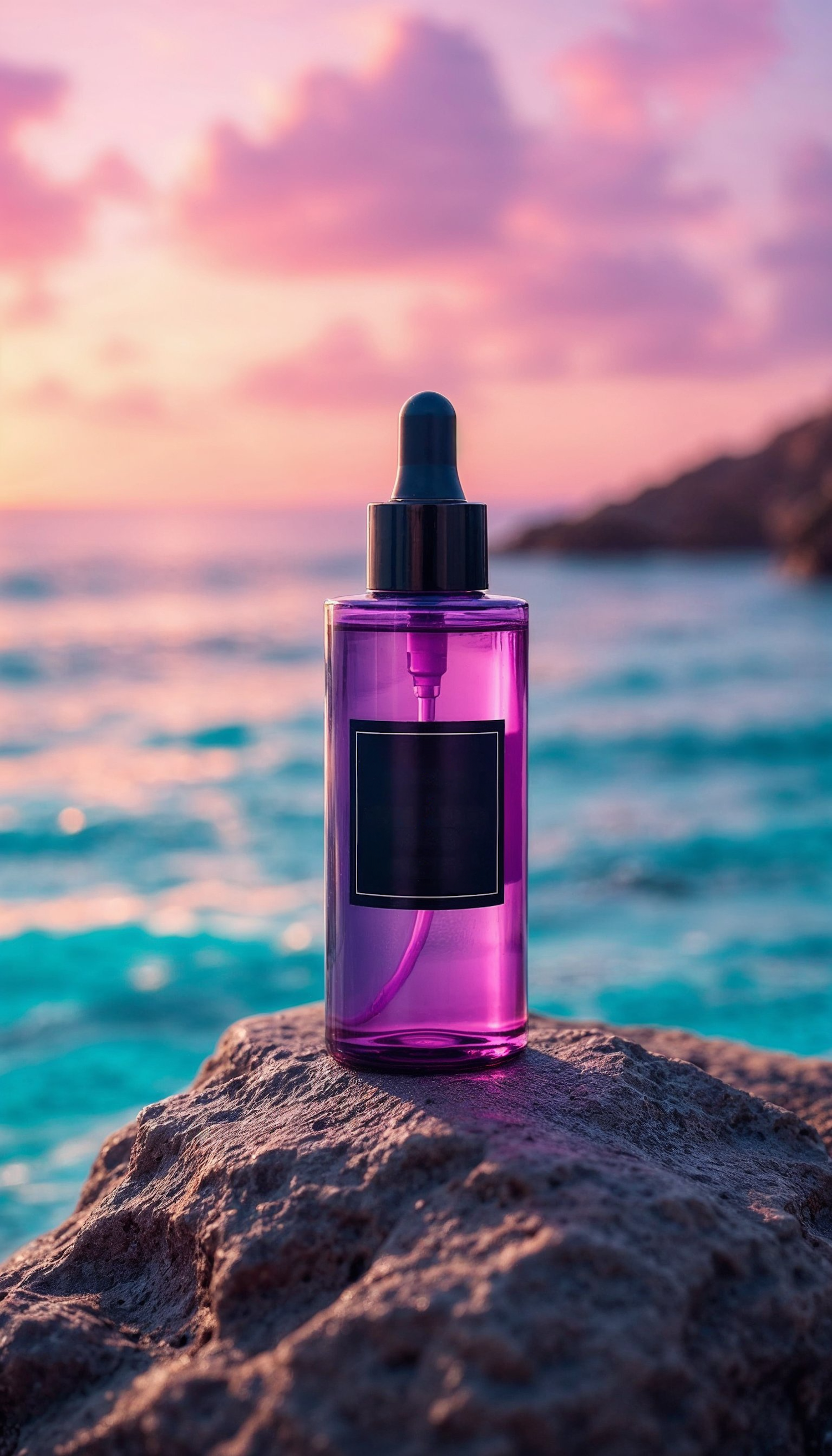 Purple Bottle on Rocky Surface at Sunset