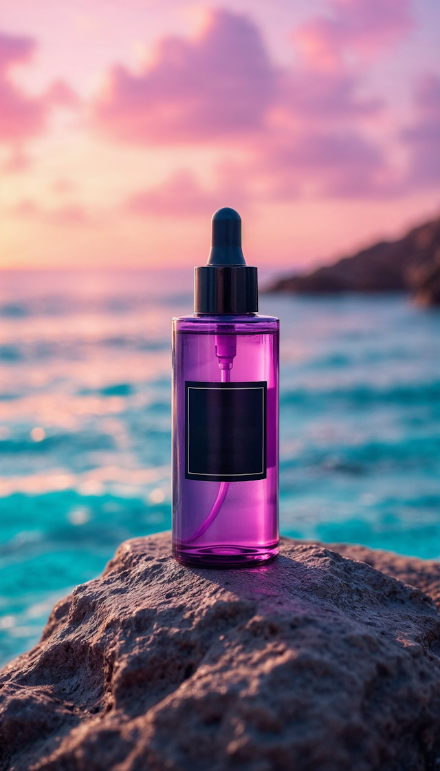 Purple Bottle on Rocky Surface at Sunset