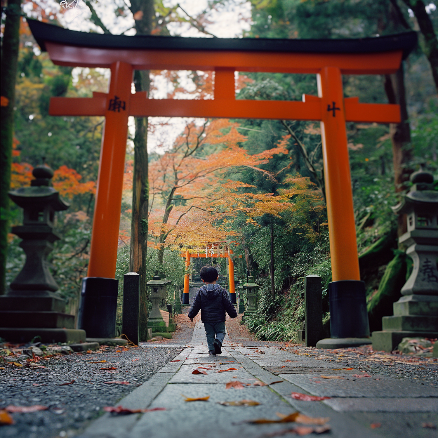 Child at Shinto Shrine Pathway