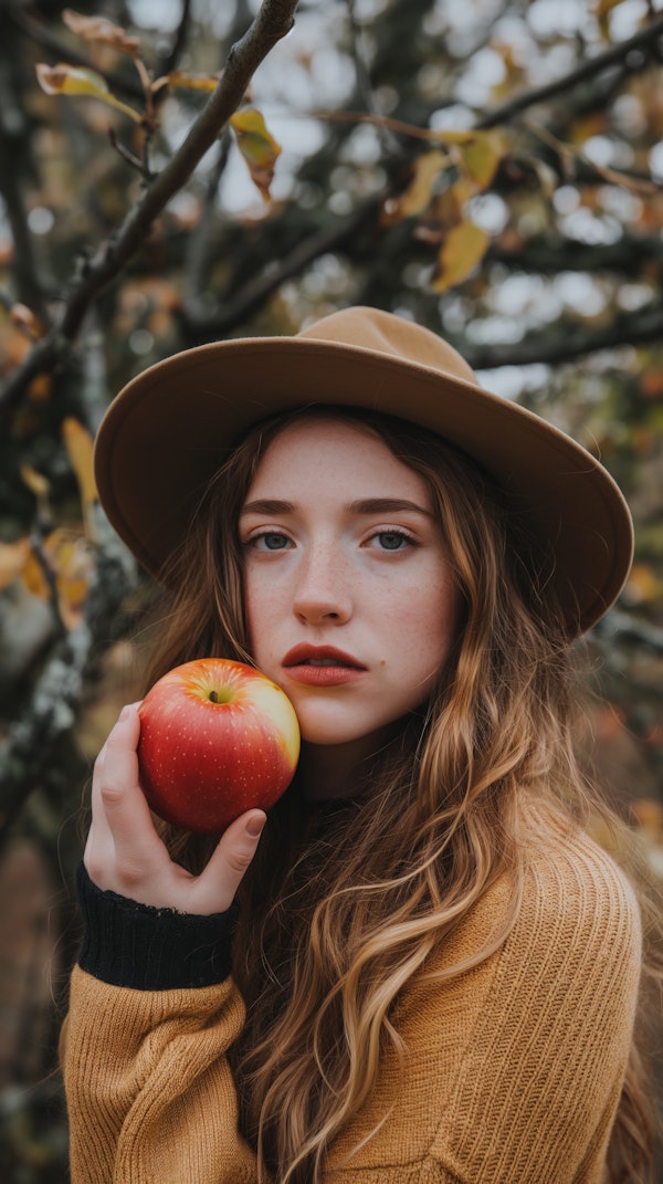 Woman with Red Apple in Autumn