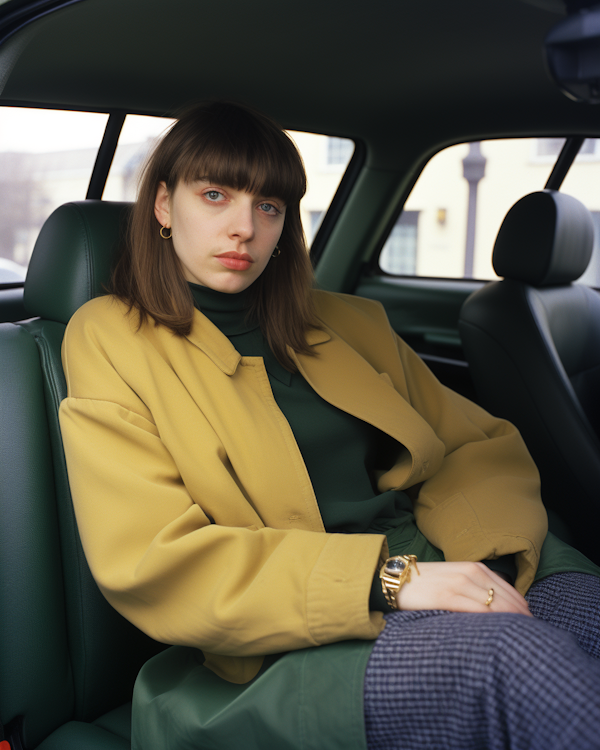 Stylish Woman in Yellow Blazer Seated in Car