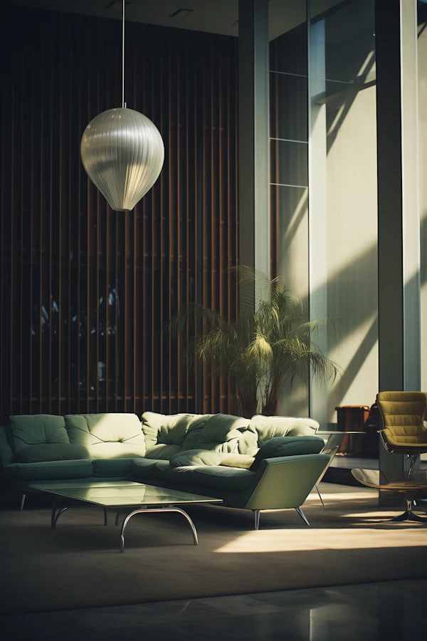 Serene Modernity: A Minimalist Interior with Ribbed Pendant Illumination