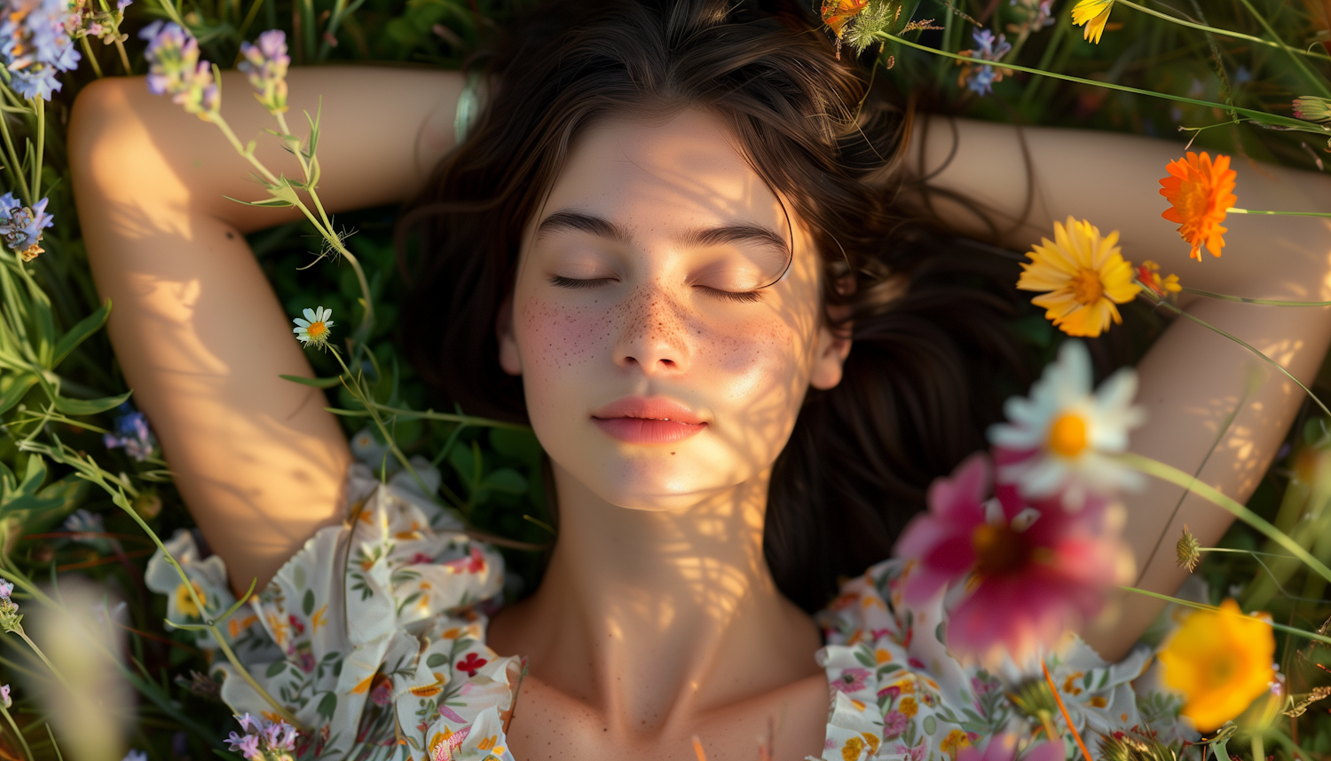 Tranquil Woman in Wildflower Meadow