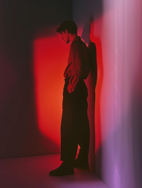 Contemplative Man with Colorful Shadows