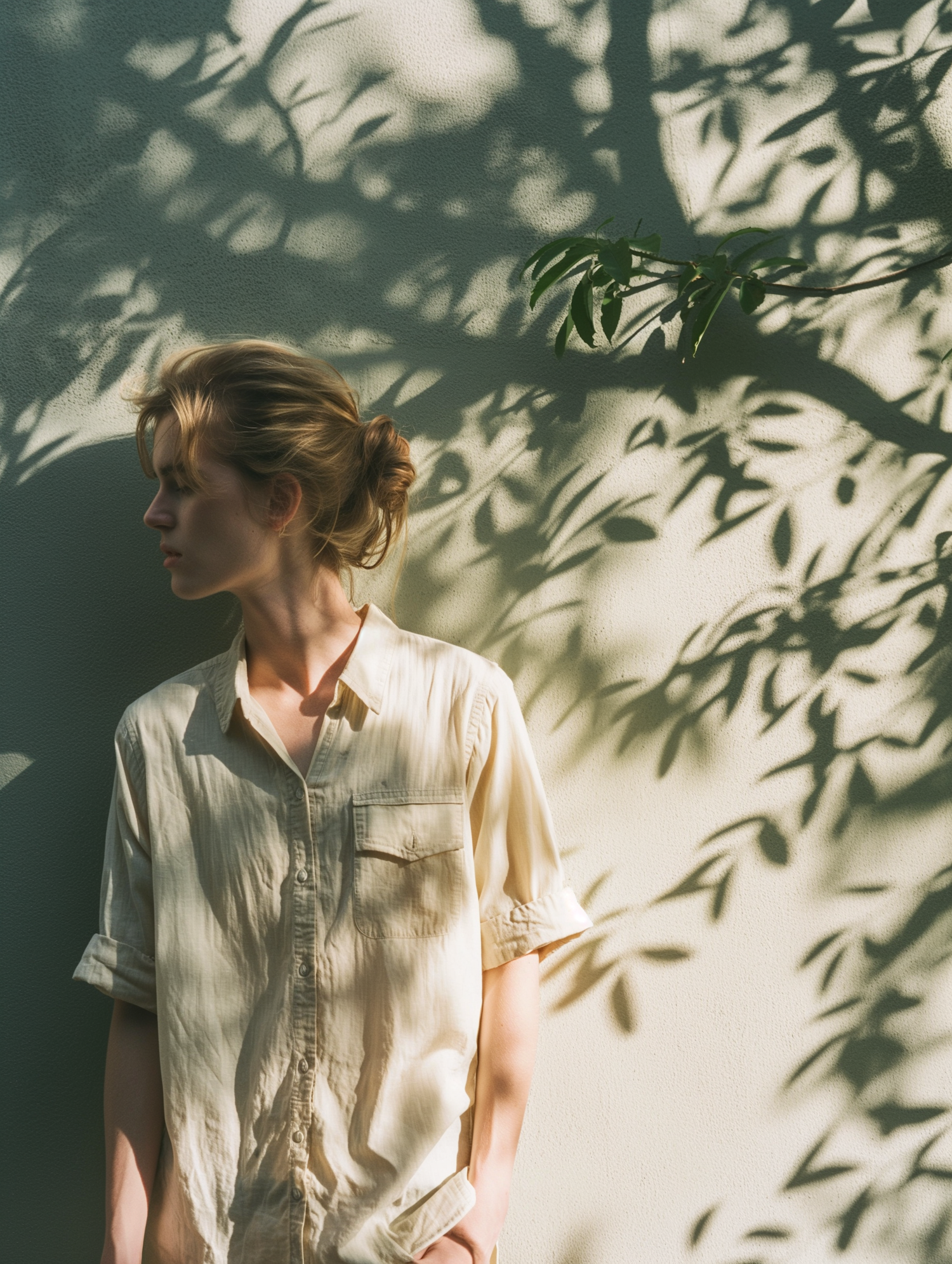 Contemplative Woman with Nature's Shadows