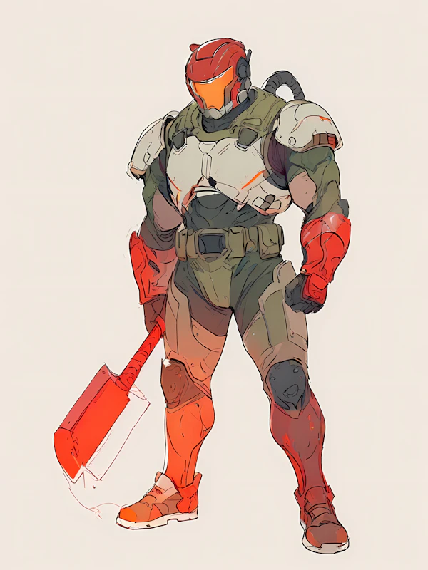 Futuristic Armored Figure with Glowing Hammer