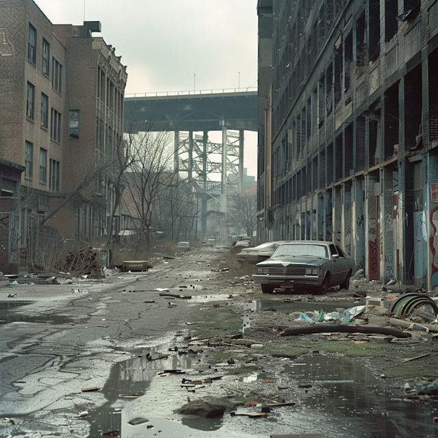 Desolate Urban Street with Abandoned Car