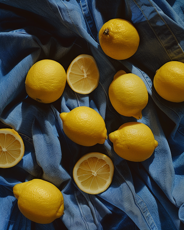 Vibrant Yellow Lemons on Textured Blue Fabric