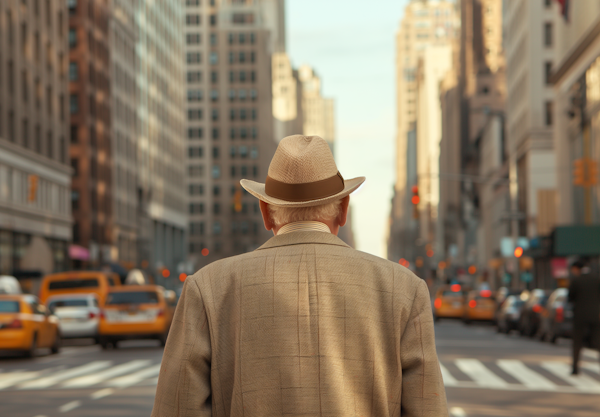 Reflective Elderly Man Amidst City Life