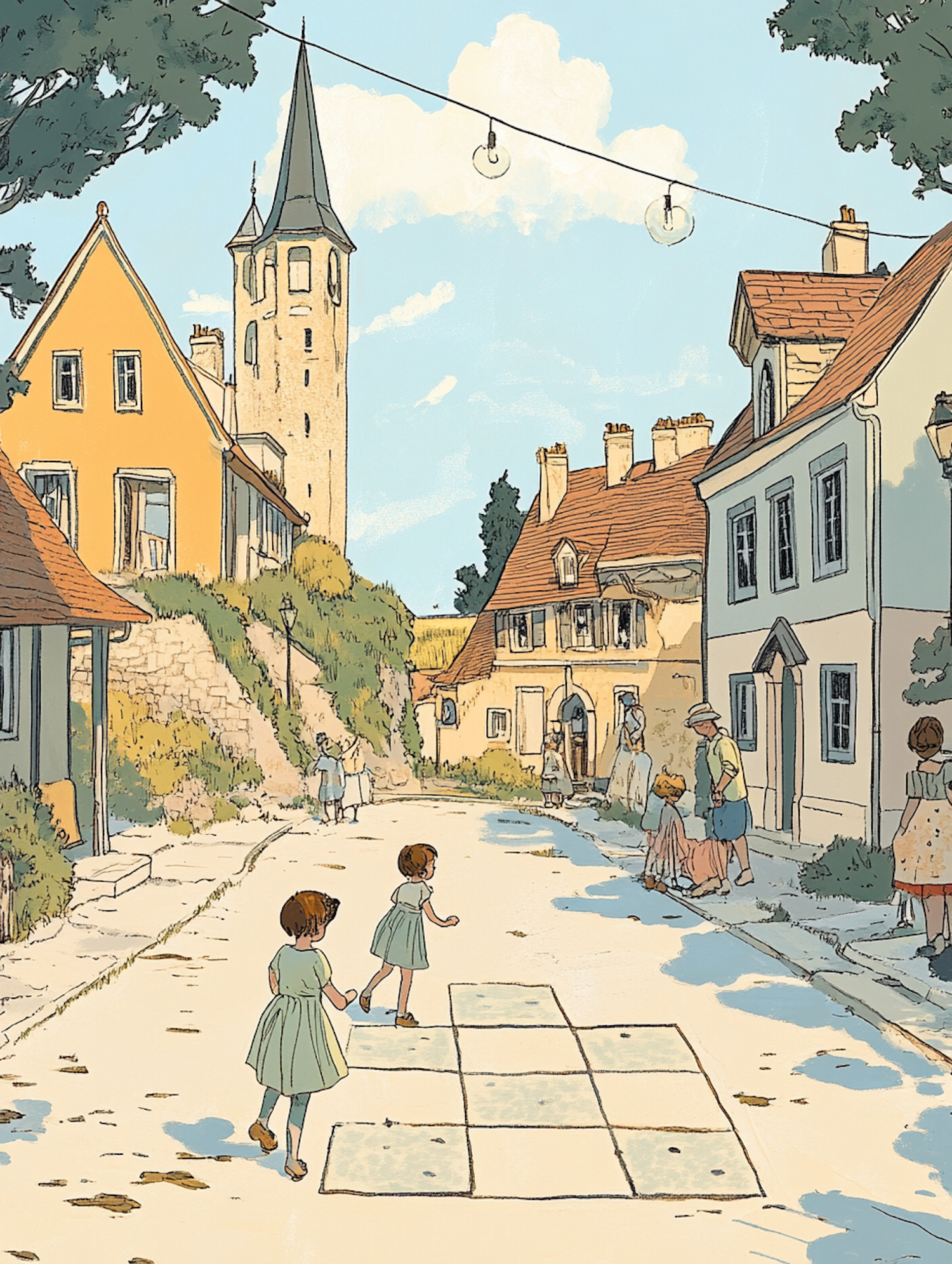 Quaint Village Scene with Children Playing