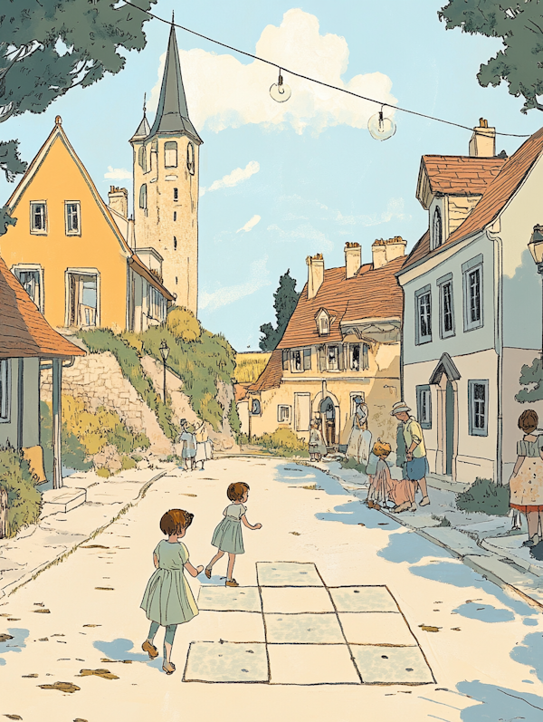 Quaint Village Scene with Children Playing