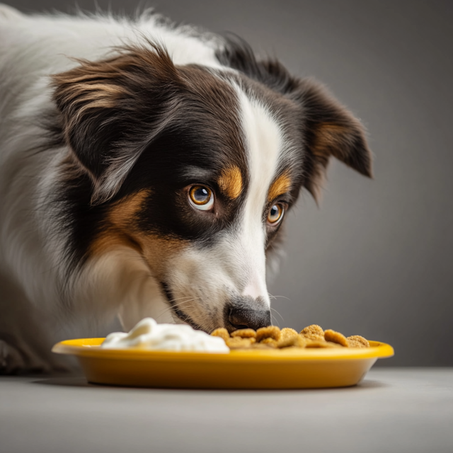 Dog with Tricolor Coat and Yellow Plate