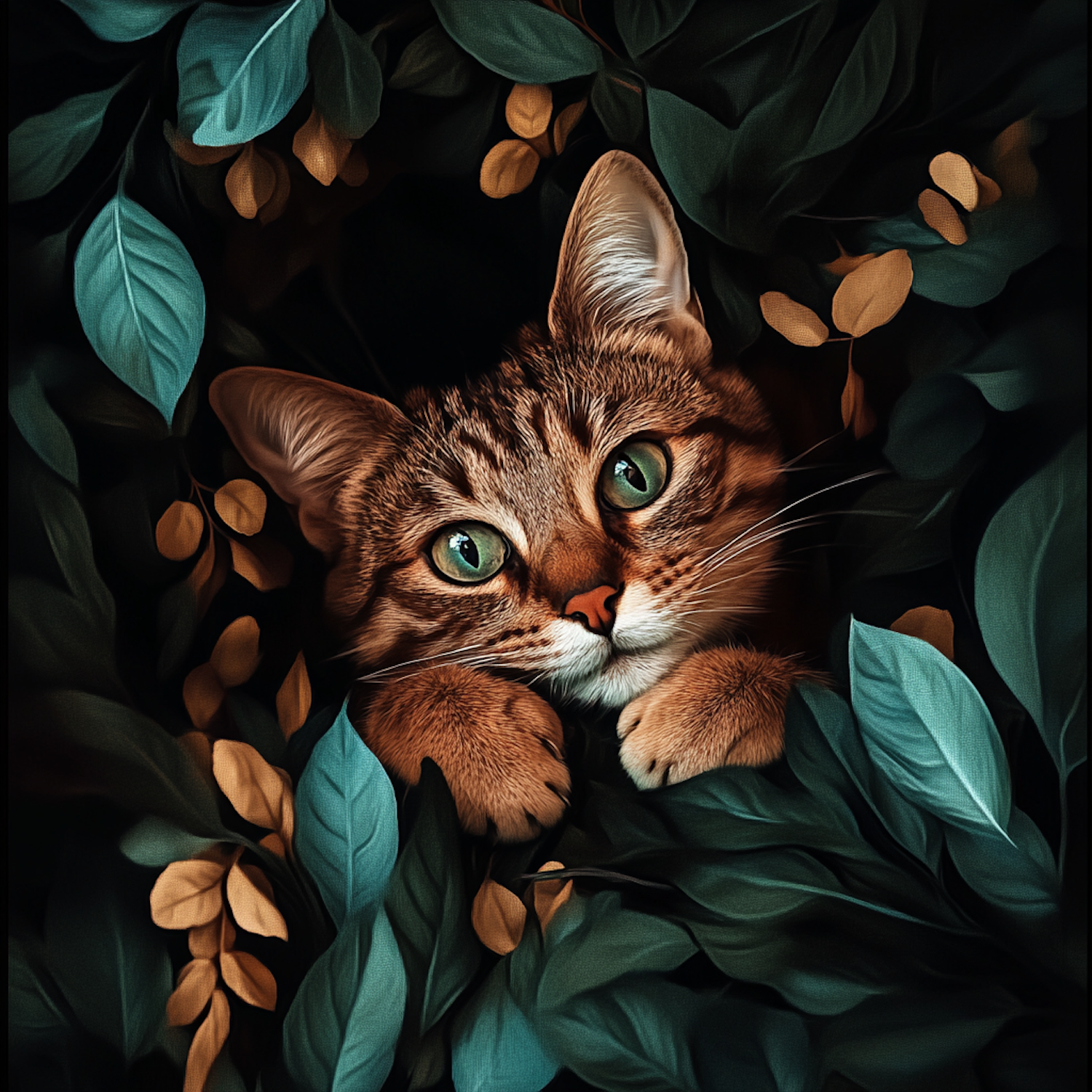 Curious Cat in Leaves