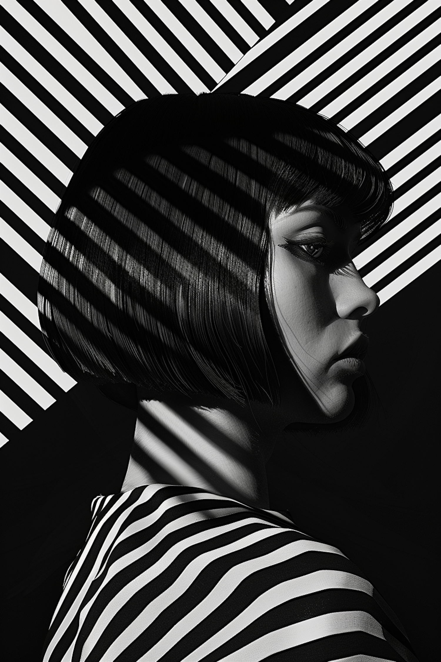 Monochromatic Woman in Geometric Patterns